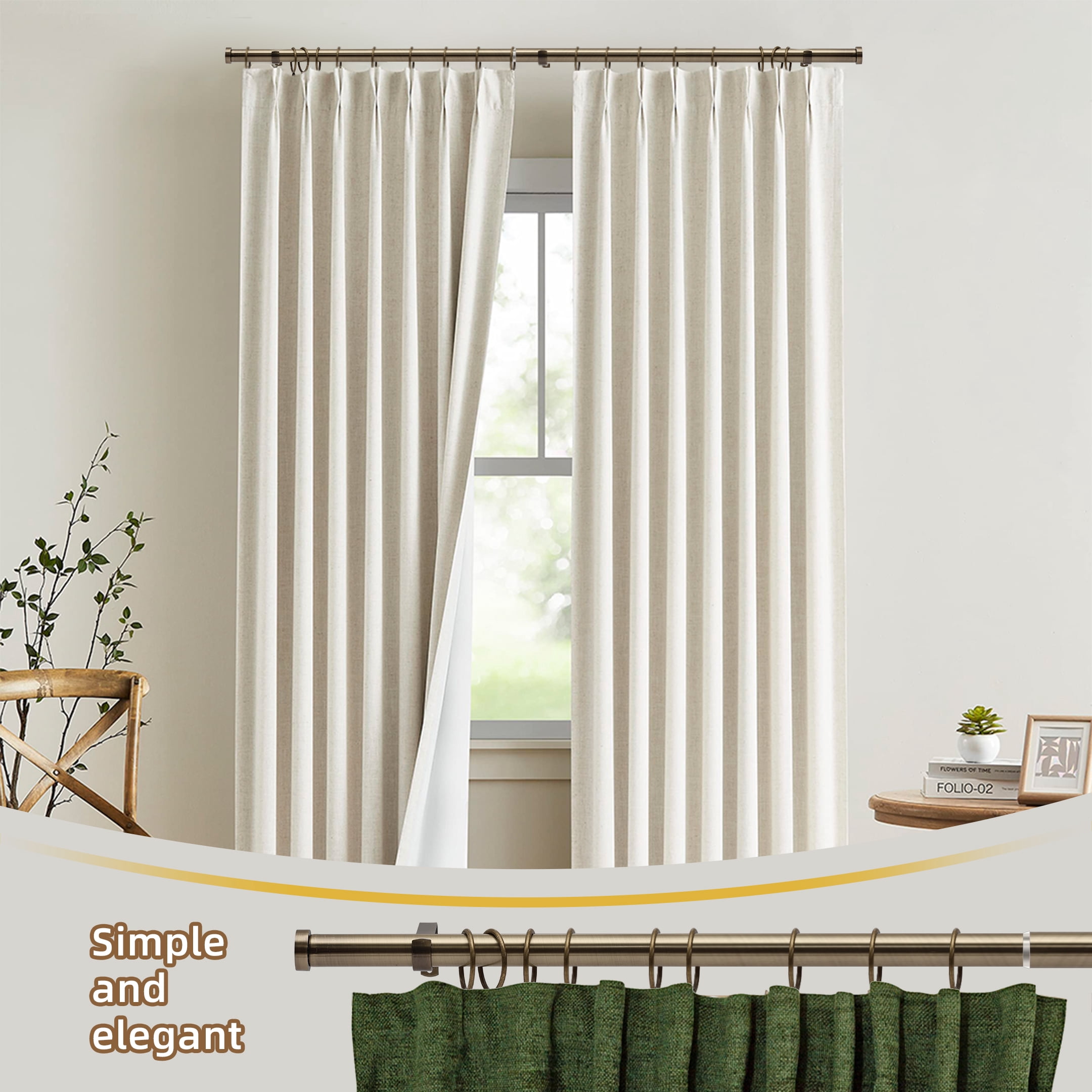 Coquilles 1 Inch Diameter Adjustable Modern Curtain Rods, Antique Brass with Cap Finials, 28-48 Inches