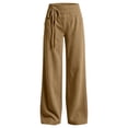 thumbnail image 3 of Women's Wide Leg Pants Double Layer Elastic Waist with Front Drawstring,Loose Trousers Side Pockets,Trends Casual Fall Travel Work Outdoor Daily Wear,Beige,XXL, 3 of 7