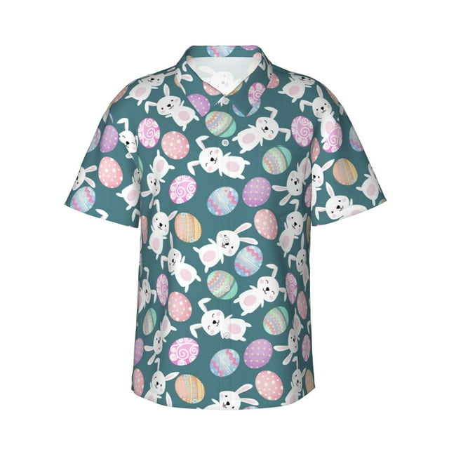 Vsdgher Cute Rabbit Easter Print Men's Hawaiian Shirts Button Down Tropical Holiday Beach Shirts Vacation Clothes -XX-Large