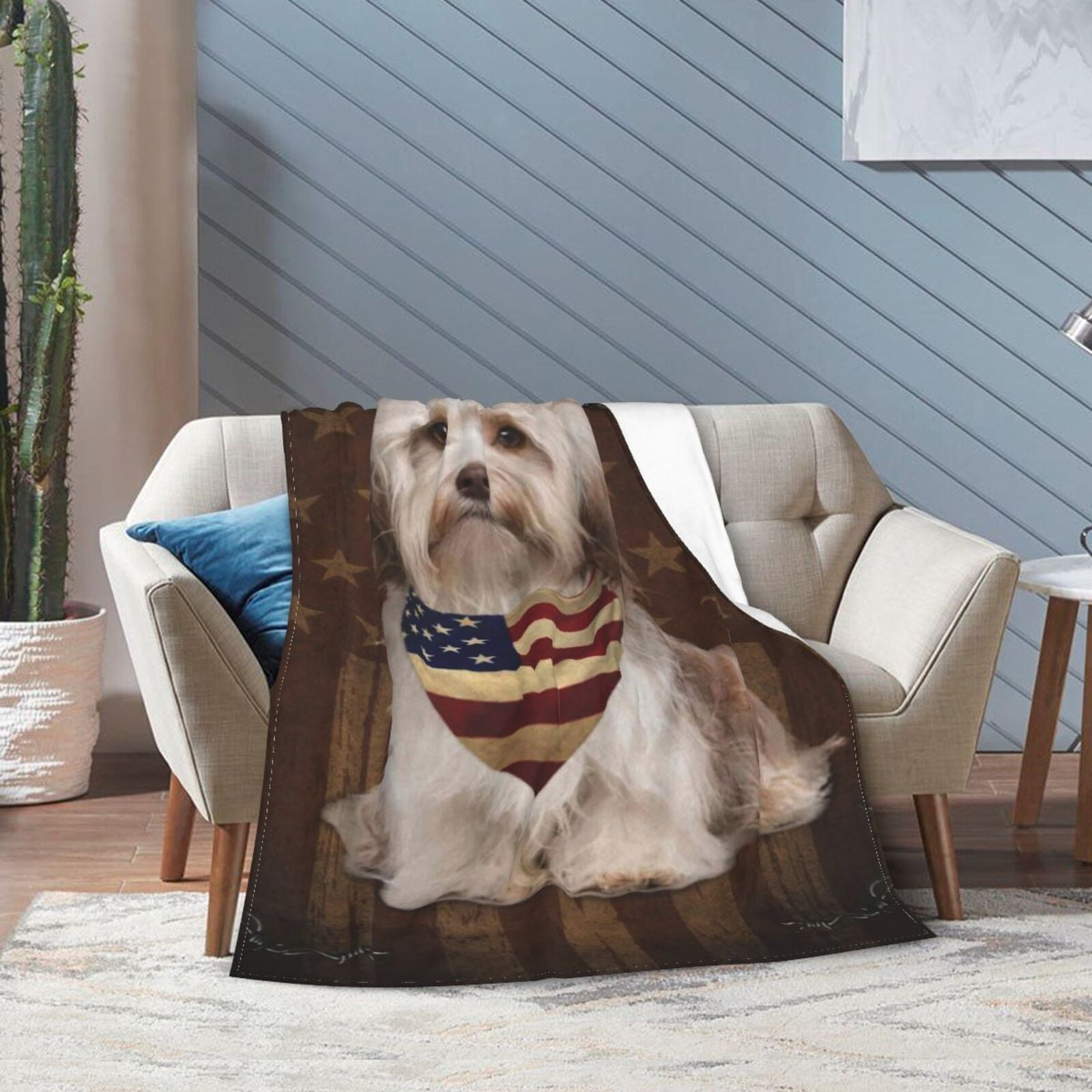 Wijzvio Havanese Dog With Vintage American Flag Throw Blanket Soft Fuzzy Fleece Blanket For Couch Bed Living Room Decoration 60"X50"