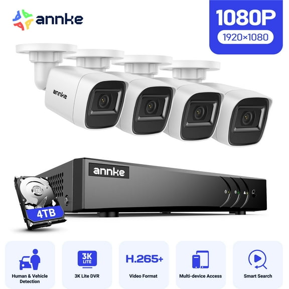 ANNKE 2MP Security Camera System, 8 Channel 3K Lite DVR Recorder with AI Motion Detection, 4X 1080P Add-on Wired Cameras with 65ft IR Night Vision, IP67, 3.6mm Lens, 4TB HDD, White