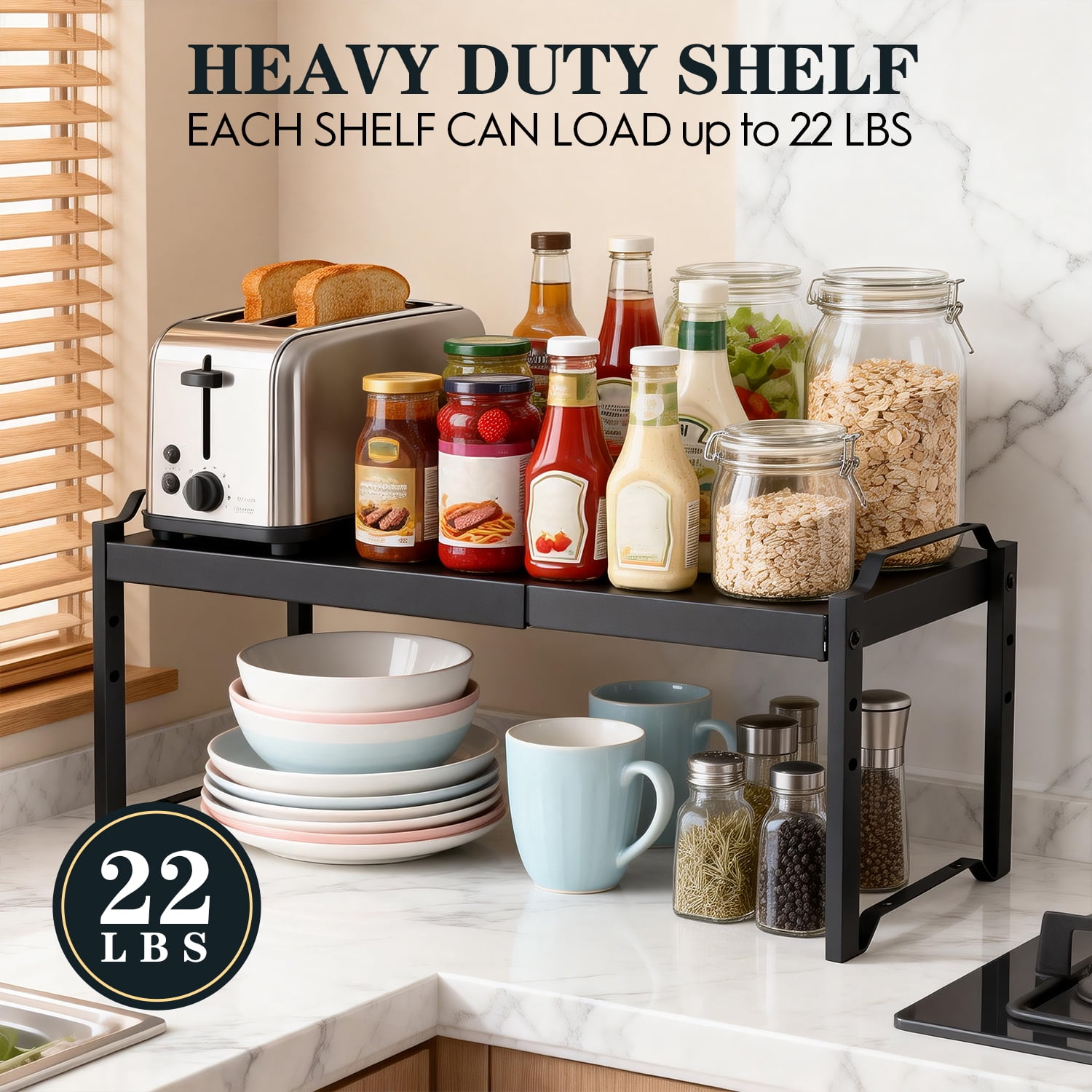 2 Pack Expandable Cabinet Organizer Shelves, Stackable Kitchen Countertop and Pantry Storage, Adjustable Cupboard Shelf Rack, Length 20.5"