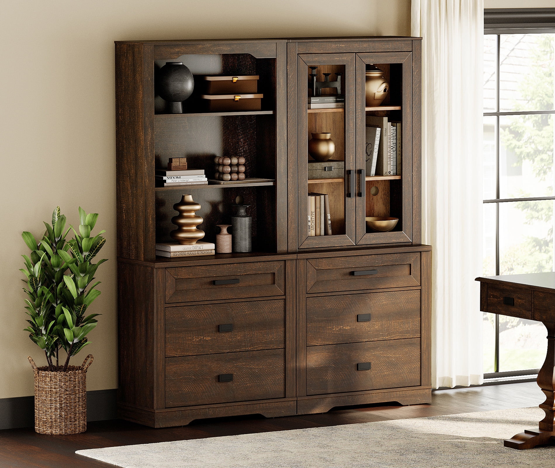 WAMPAT 2 Column 3 Tier Bookcase with Drawer,73.3" Tall Floor Standing Bookshelf,Modern Farmhouse Display Storage Cabinet with Adjustable Shelves for Living Room,Espresso Brown