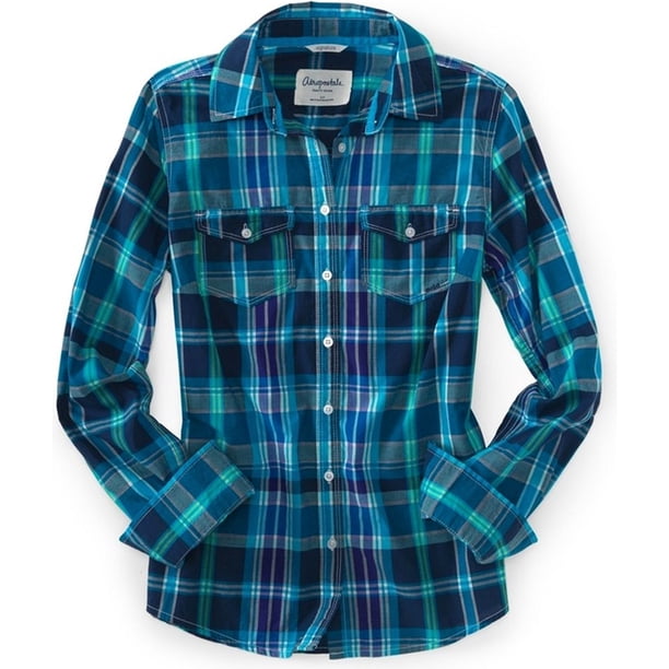 Aeropostale Womens LS Plaid Button Up Shirt, Azul, X-Large Aeropostale Camisa con botones