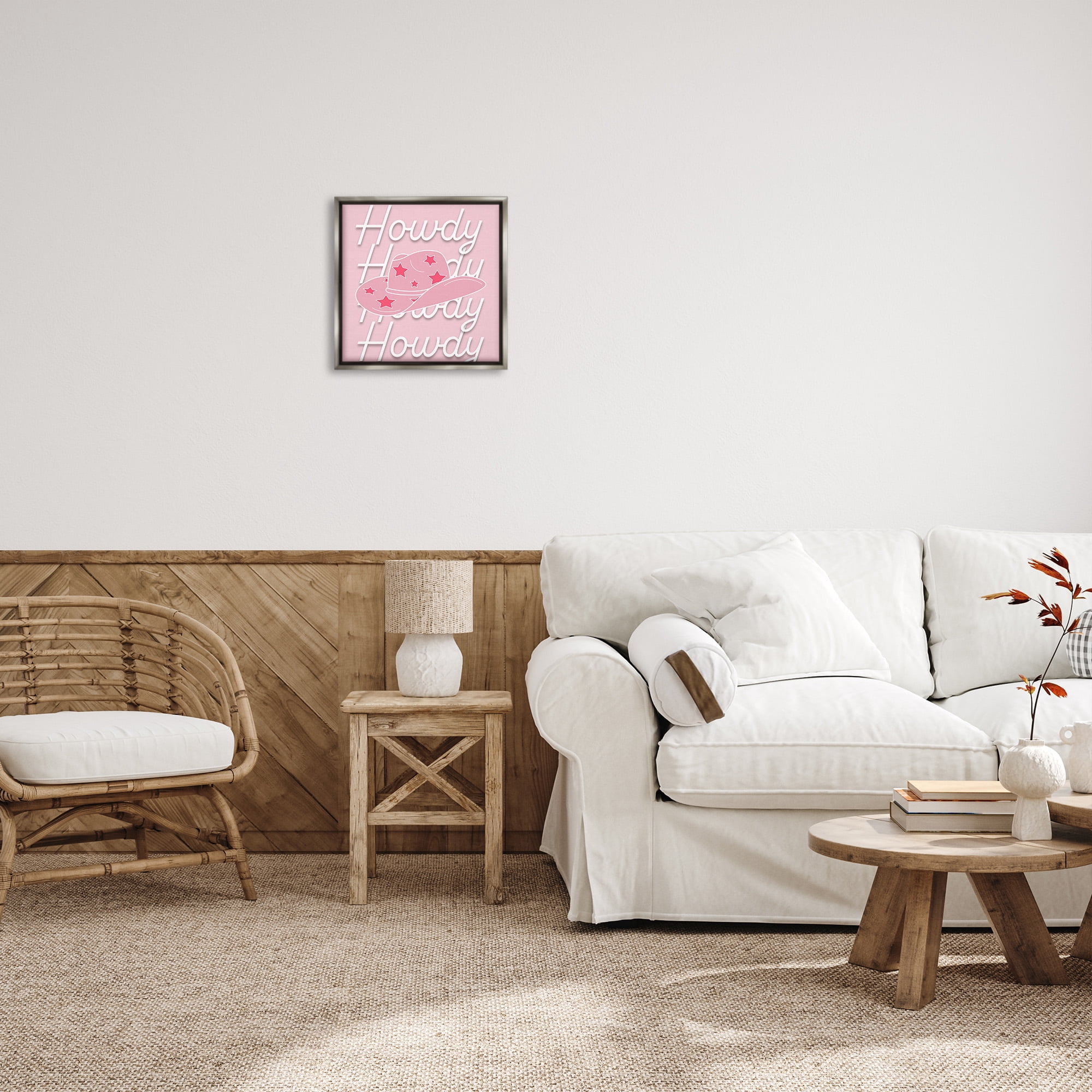 Stupell Industries Soft Pink Howdy Pattern Beauty & Fashion Painting Gray Floater Framed Canvas Art Print Wall Art, 18 x 18