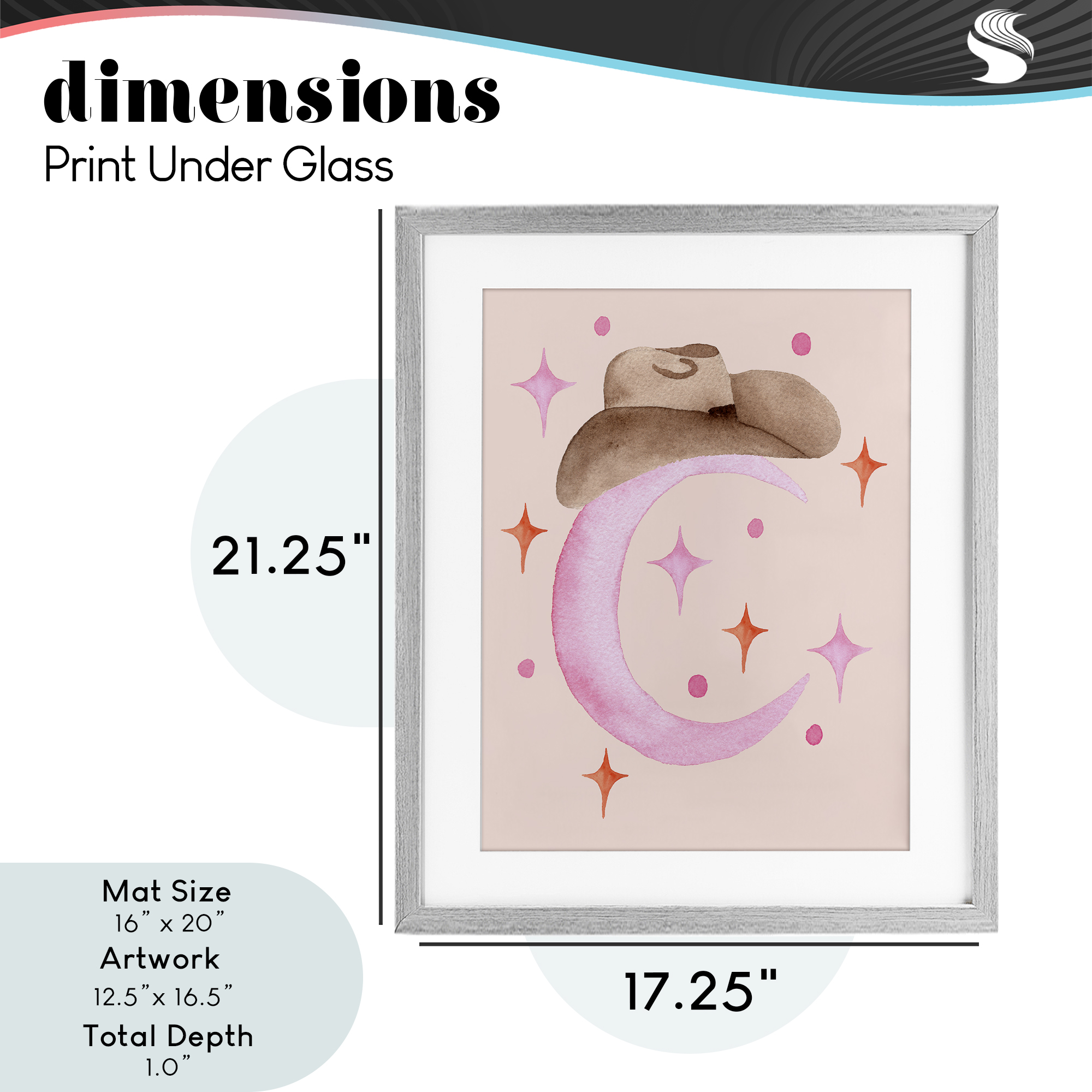 Moon Cowgirl Hat Gray Framed Print Under Glass, design by Nina Jacobs