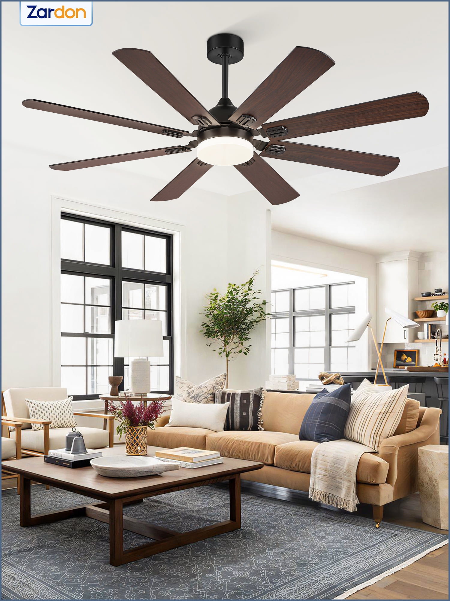 Zardon 62" Black Modern Ceiling Fan with Light and Remote Control, Reversible Quiet DC Motor, Bright LED Light, 6-Speed, Timer for Bedroom, Living Room