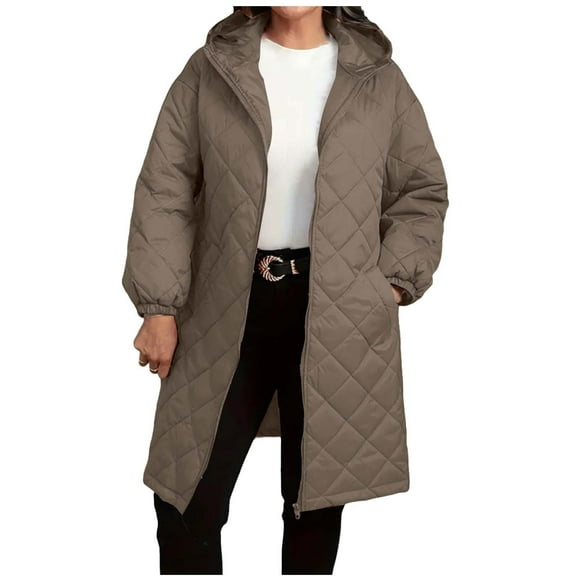 Women's Long Quilted Puffer Jacket Lightweight Zip Up Hooded Drawstring Winter Coats Outerwear with Pockets