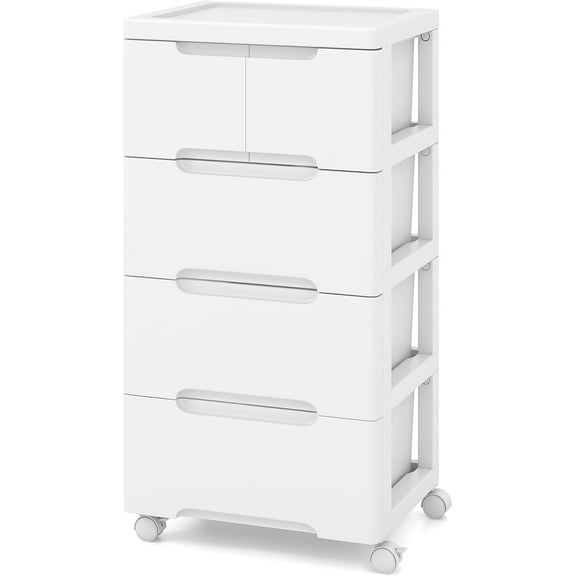 Hyxoo Rolling Storage Drawer Cart, 5 Drawers, Storage Unit on Wheels, Plastic Storage Cart Organizer for Arts Crafts Home Office Classroom Living Room, White (16”x13”x31")