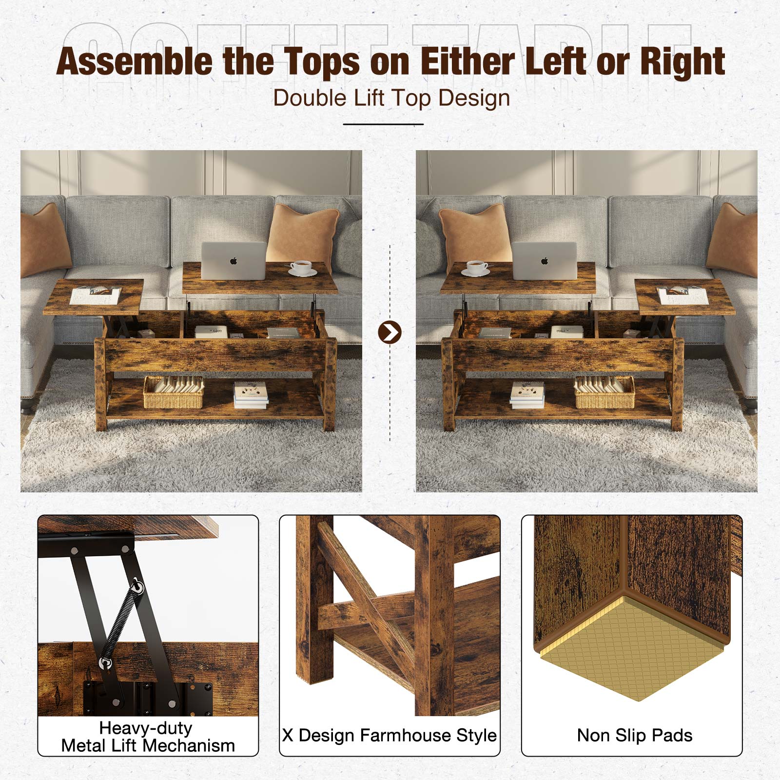 Greenstell Lift Top Coffee Table with Drawer and Hidden Compartment 43.8 Inch, Rustic Brown