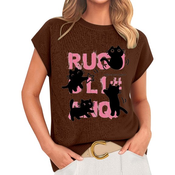 Knitting Cat T-Shirt Beach Vacation Tshirts Comfortable Tshirt Women Beach Shirts For Women Vintage Tshirts For Women Womens Knit Tops Woman Tops Casual Loose Fit Tee Shirt Women