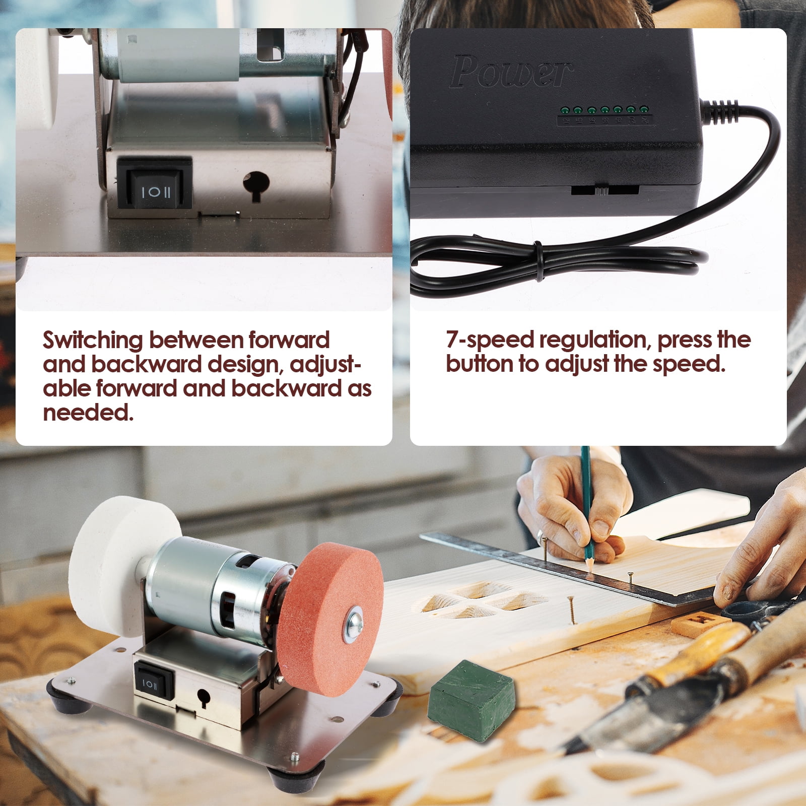 Small Table Grinder Multifunctional Electric Benchtop Sander 7 Speed Adjustable Polishing Buffing Sanding Machine Low Noise Drilling Grinder Machine with Double Grinding Wheel