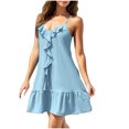 thumbnail image 4 of LYEAA Womens Beach Dresses Sleeveless Casual Plus Size Elegant Loose Short Mini Slip Dress V Neck Solid Ruffle Fashion Summer Cool Vacation Comfortable Dresses Blue M, 4 of 9