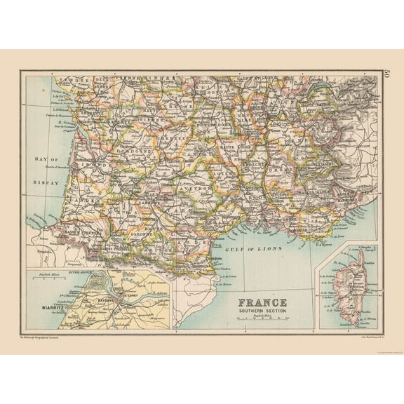 Historic Map - France Southern - Bartholomew 1892 - 30.33 x 23 - Vintage Wall Art