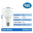 thumbnail image 2 of Great Value A19 LED Light Bulb, 9W (60W Equivalent) Dimmable Soft White E26 Base (36 Pack), 2 of 11