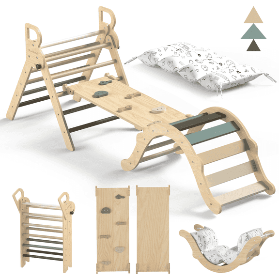 BlueWood Foldable Wooden Climbing Pikler Triangle Set 8-in-1 Indoor Jungle Gym Pink 4-Piece