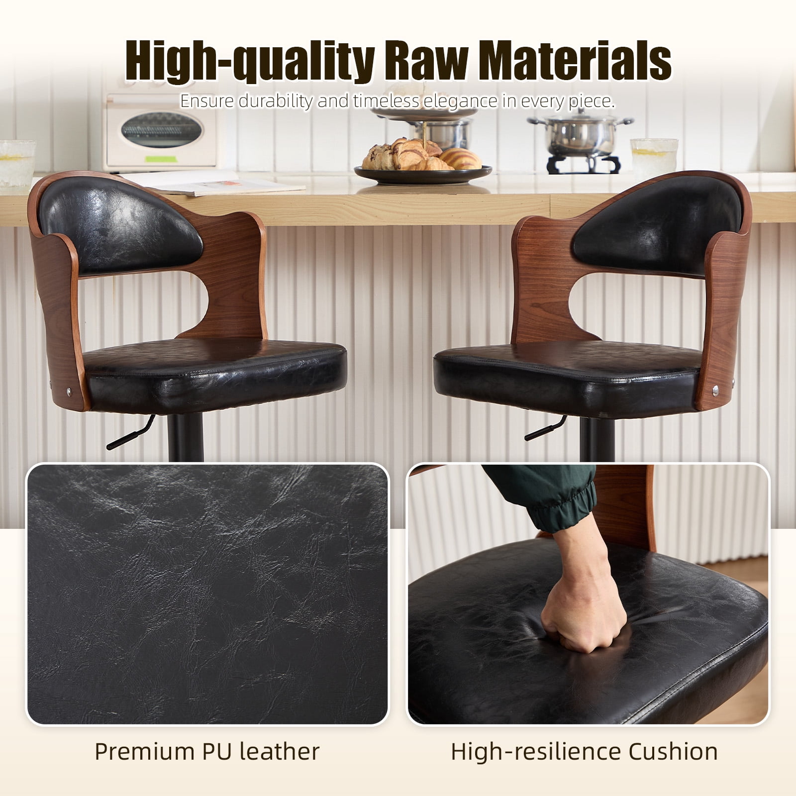 Homefun Swivel Bar Stools Set of 2,Wooden Upholstered Scratch-Resistant Fabric with Back,Chairs for Kitchen Island,Black