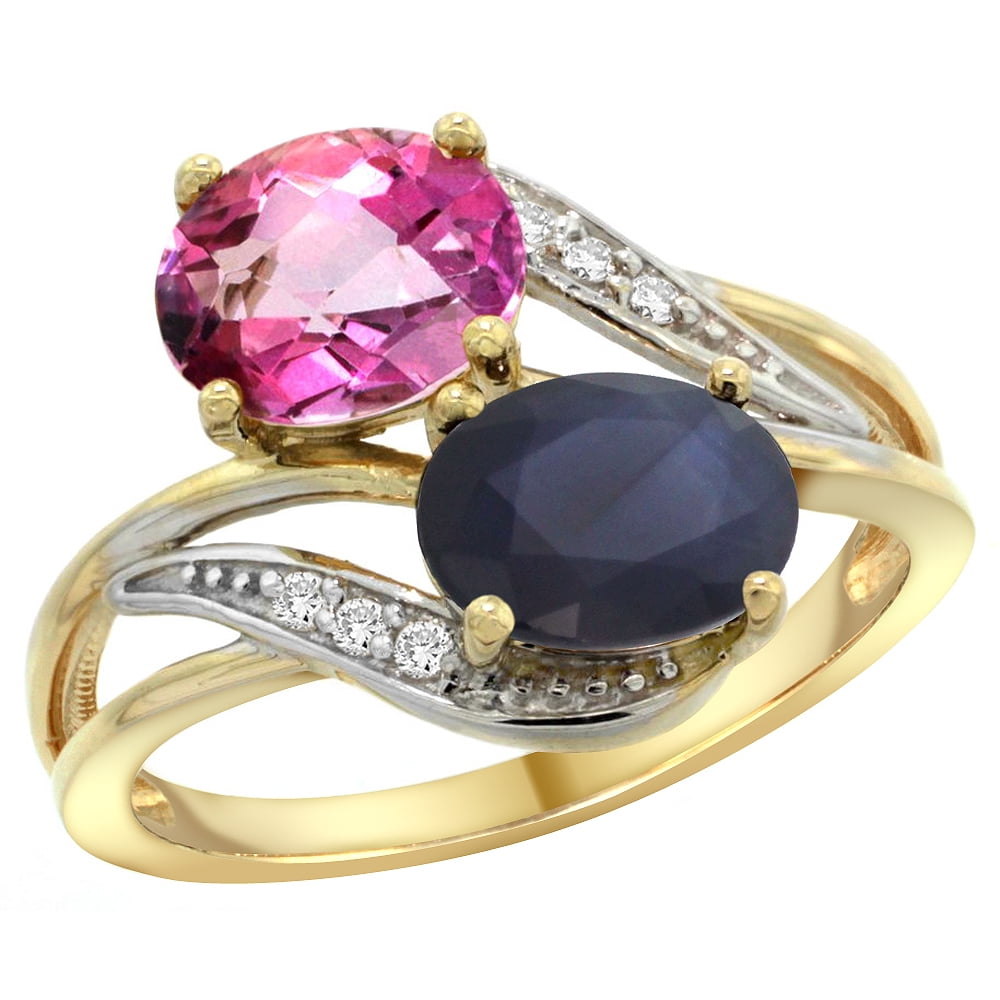 14K Yellow Gold Diamond Natural Pink Topaz & Australian Sapphire 2-stone Ring Oval 8x6mm, size 6 by Gabriella Gold
