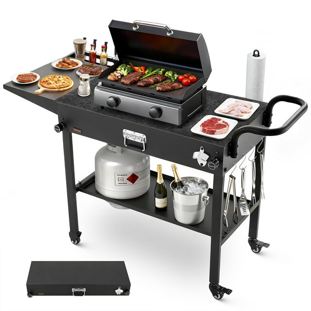 VEVOR Chariot de Gril Extérieur, Table de Cuisson de Table 31,0 x 17,0 Pouces, Table de Cuisson Extérieure Pliable avec Porte-Mouchoirs, Crochets, Roues, Table d'Appoint, Tables de Préparation pour BBQ pour Pique-Nique, Cuisine, Cour