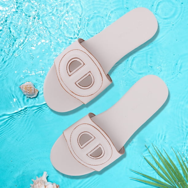 Sandalias planas de playa para mujer, sandalias de verano, sandalias de cuero suave (Blanco 36)