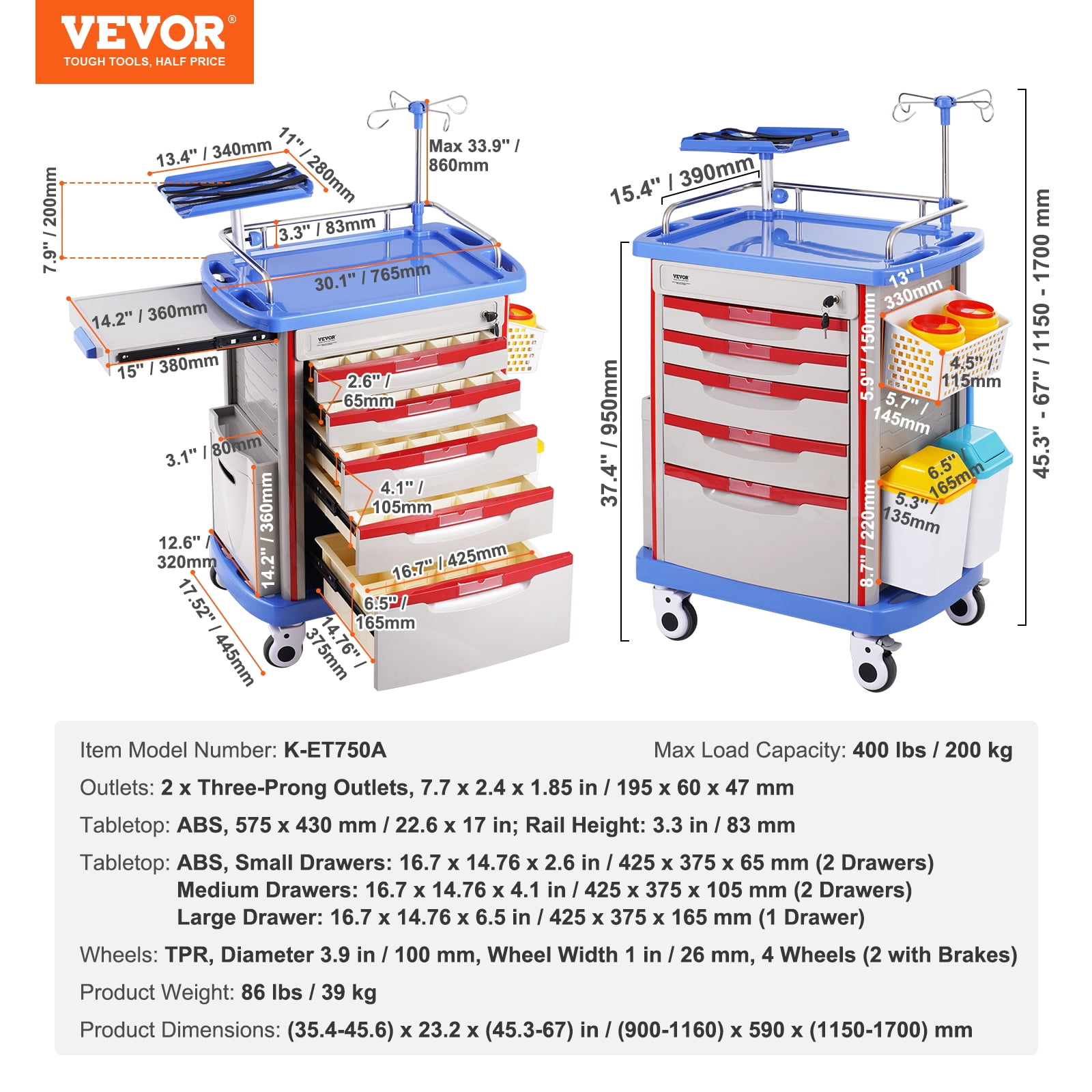 VEVOR 5 Tiers Lab Carts, Lab Utility Cart with 5 Drawers & 4 Silent Wheels, Mobile Medical Cart with PP Material, Lab Rolling Cart with 2 Trash Cans for Lab, Clinic, Hospital, Salon, Blue