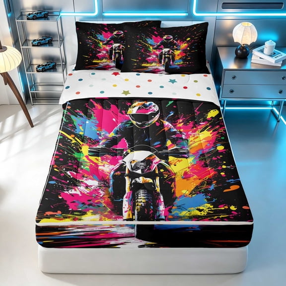 Erosebridal Dirt Bike Zipper Twin Comforter Sets with Fitted Sheet and 2 Pillowcases, Motocross Zipper Bedding Set, Black Colorful, Polka Dots Reversible
