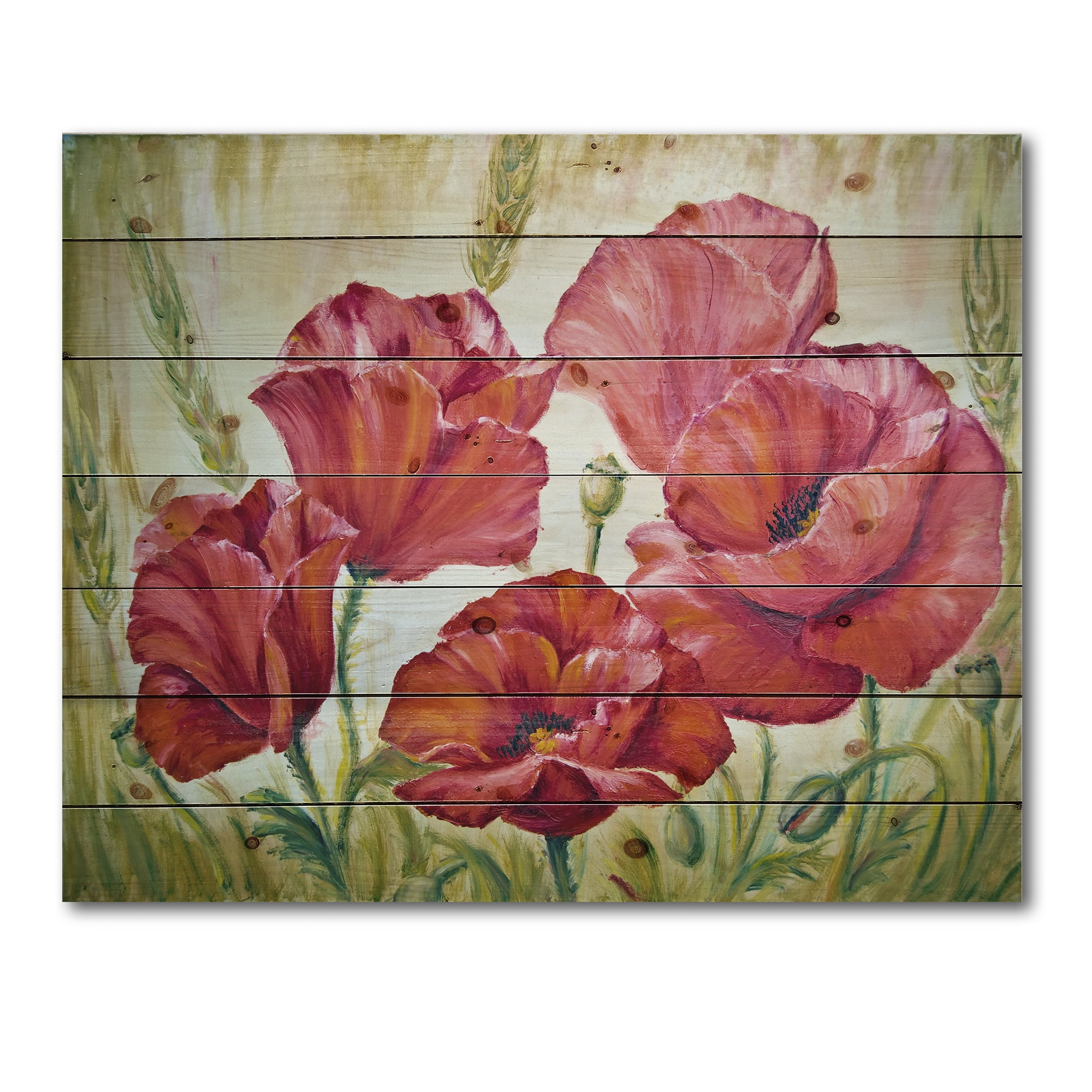 Designart 'Blossoming Red Poppies In The Morning' Traditional Print on Natural Pine Wood