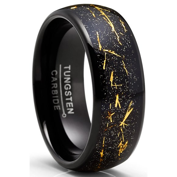 Men's Tungsten Wedding Band Star Dust Black Engagement Ring Metal Shavings 8MM