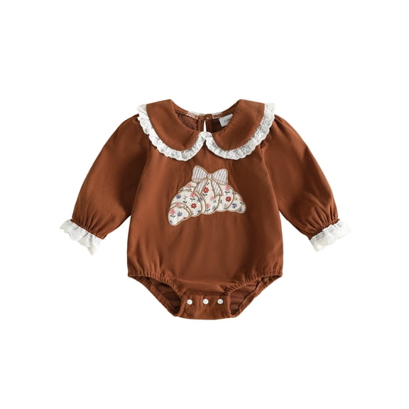 Loicainy Infant Baby Girl Thanksgiving Bodysuit 3 6 12 18 Months Long Sleeve Croissant Embroidery Romper