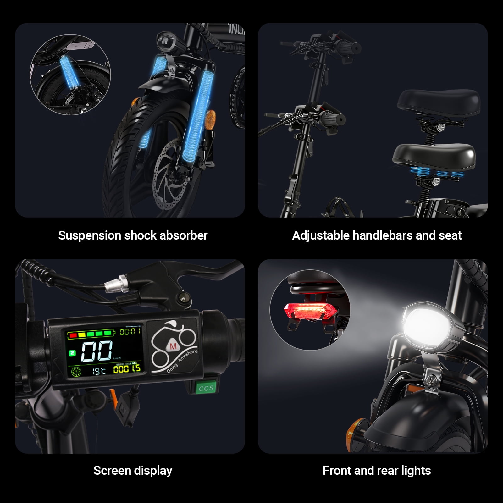 Inlife 14" Folding Electric Bike 15AH Battery Ebike 900W Electric Folding Bicycle 35 Miles Range