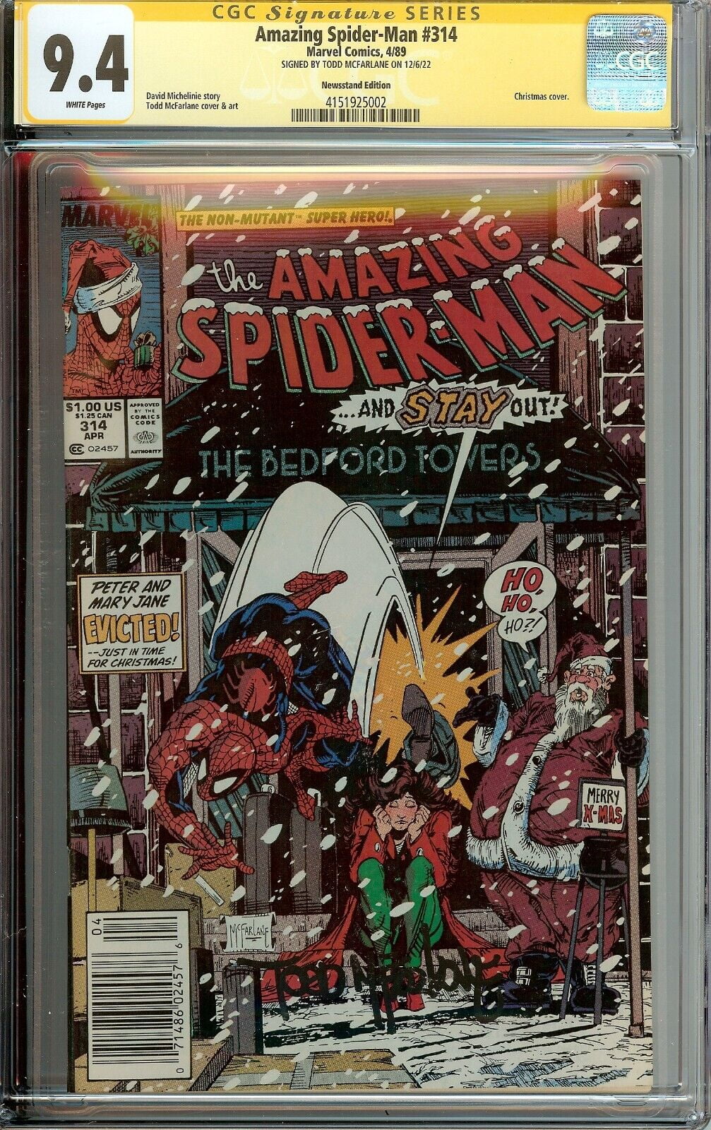 Amazing Spider-Man #314 Newsstand CGC 9.4 Signed Todd McFarlane X-Mas