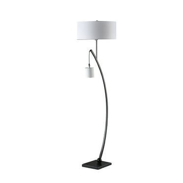 Benjara Jiya 59 Inch Arc Floor Lamp, Hanging Design, 2 White Drum Shades, Black