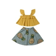 Wayren USA Toddler Baby Girl Ruffle Straps Crop Tops Striped Pineapple Printing Skirt Outfit Clothes Set