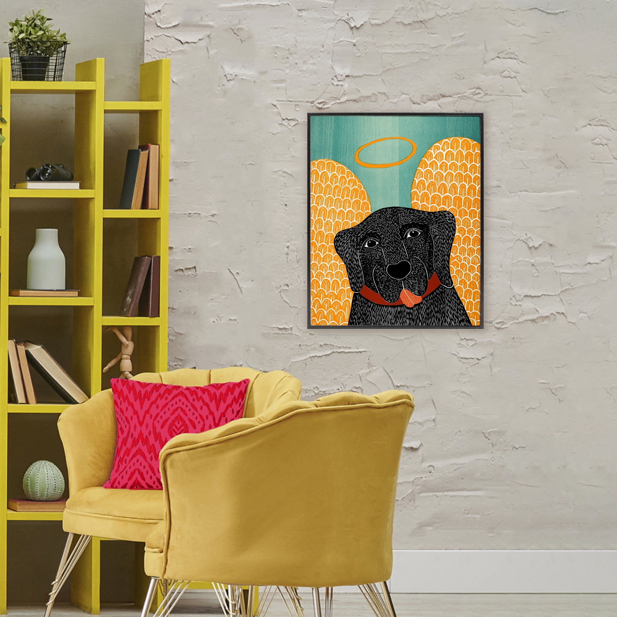 Dog Angel with Yellow Wings Black Framed Giclee Art, design by Stephen Huneck