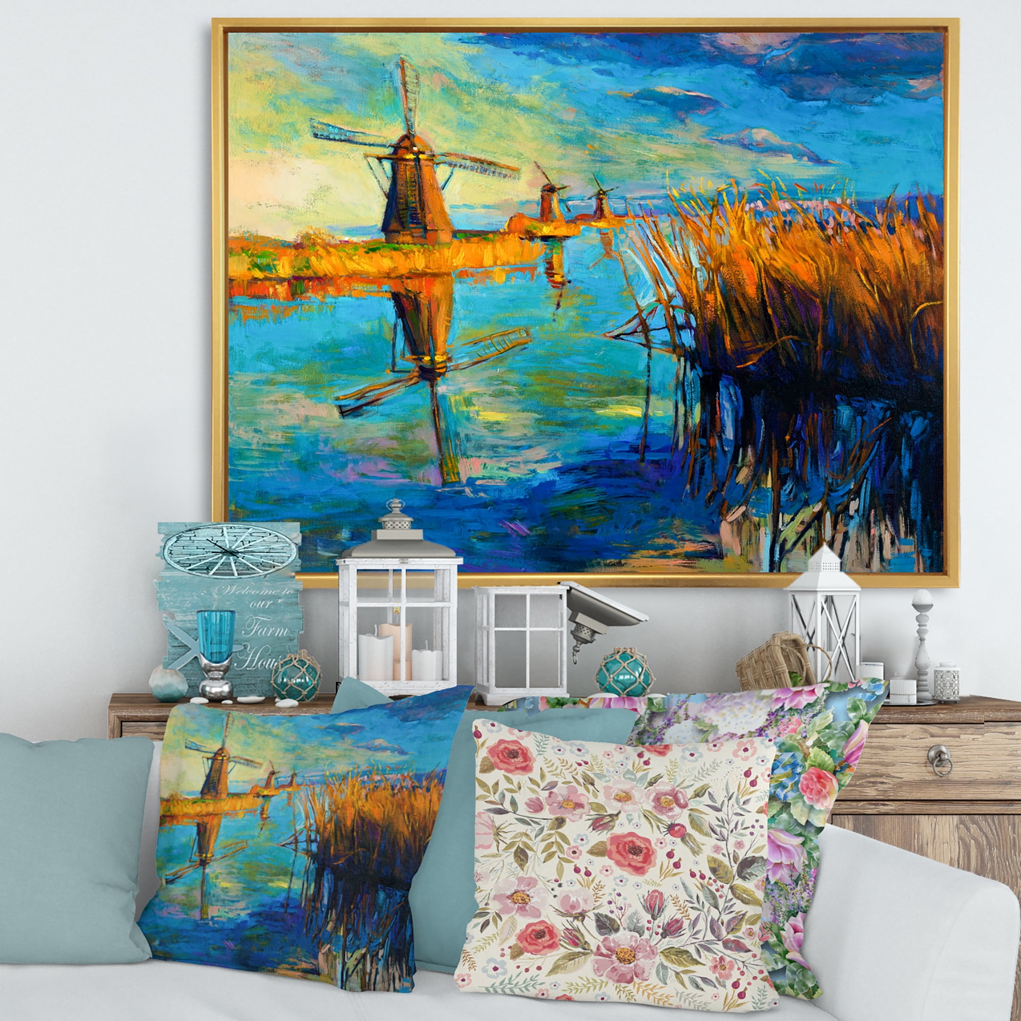 Designart 'The Deep Blue Lake And Windmills' Nautical & Coastal Framed Canvas Wall Art Print