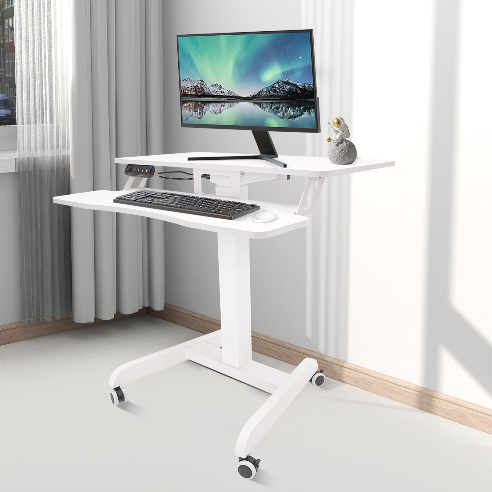 Mobile Standing Desk, Portable Rolling Desk with Lockable Wheels, Non-Slip Mat, Standing Lifting Desk, Rolling Desk with Adjustable Height, 31-51in(White 31.5*15.7in)