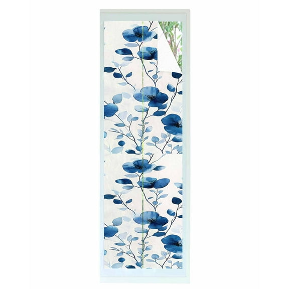 Window Privacy Film Blue Floral Spring Stained Glass Window Film Decorative Sun Block Window Cover Vintage Botanical Blossom Flower Window Clings Static Adhesive Sticker for Bathroom 17.7"x78.7"