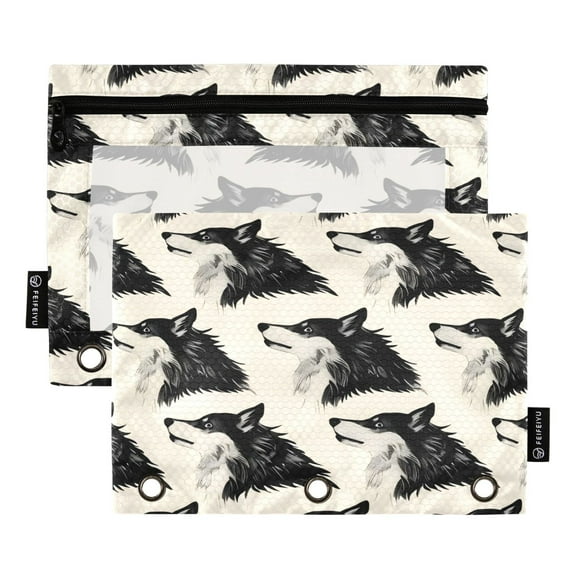 2 Pack Pencil Bag 9.84x6.1 Inch 3-Ring Page Turning Folder Zipper Pencil Case Pencil Bag Page Turning File BagBlack Wolf