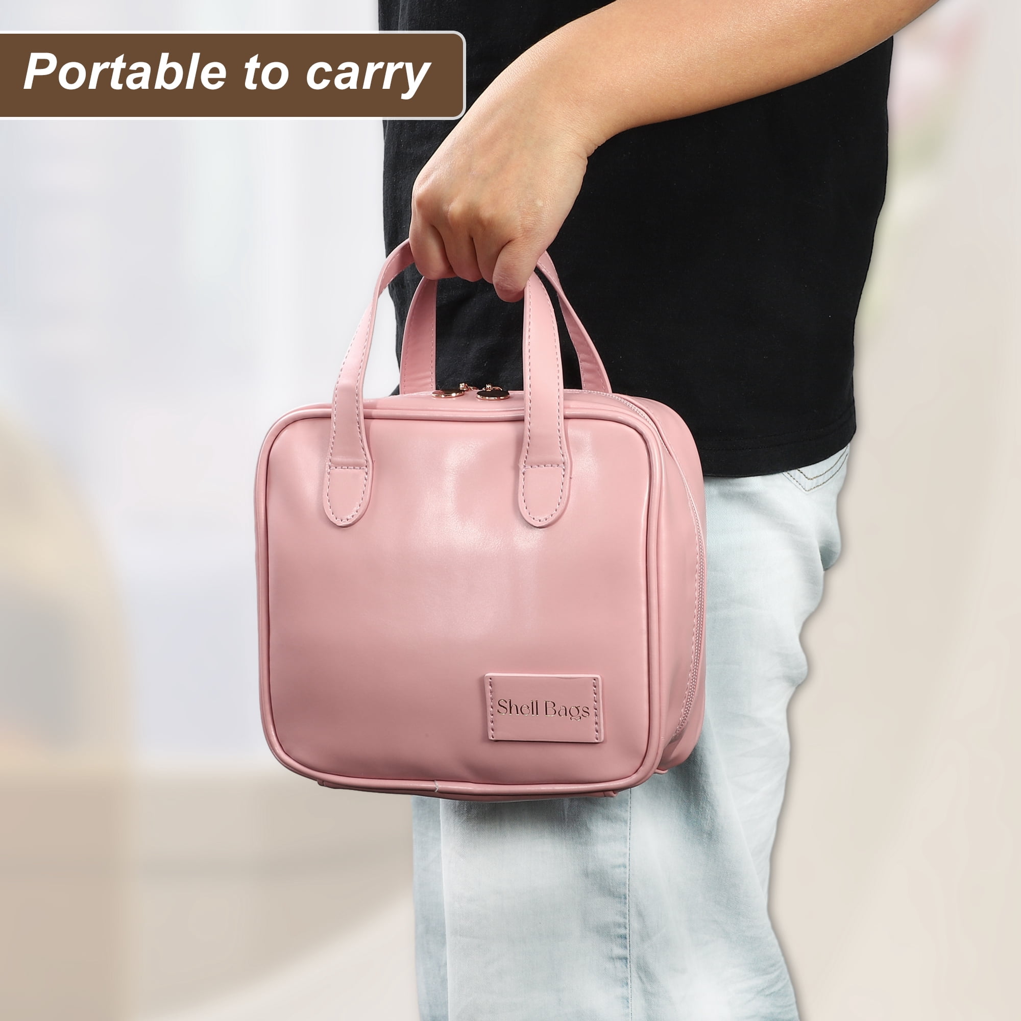 Unique Bargains Handhold Cosmetic Bag Portable Makeup Bag Makeup Pouch Bag w Handle Pink