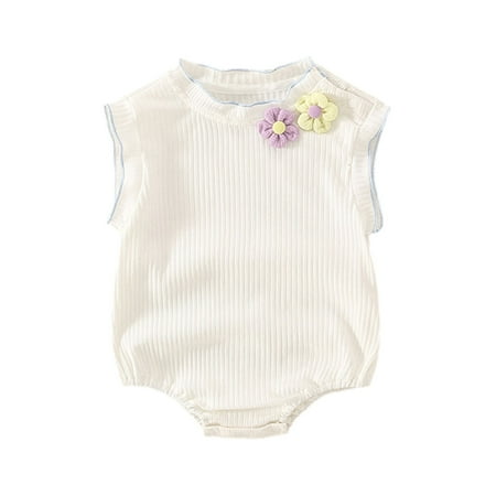 

Thaisu Baby Girls Rompers 3D Flowers Ribbed Knit Round Neck Sleeveless Infant Bodysuits Summer Clothes