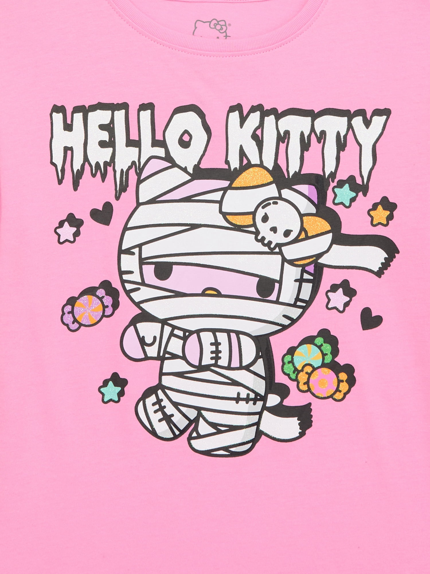 Hello Kitty Girls Halloween Short Sleeve Graphic T-Shirt with Glitter, Sizes 4-16