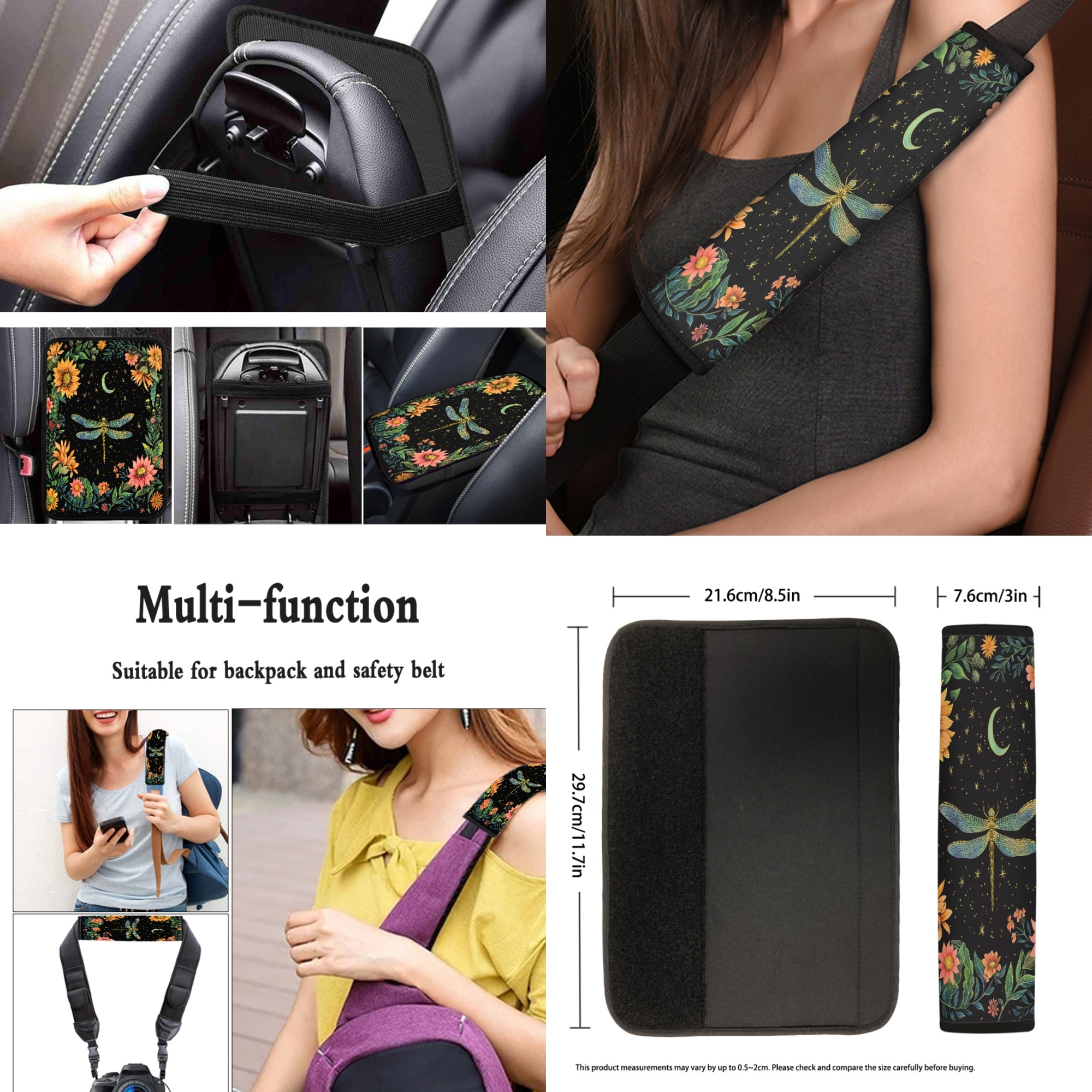 Jeiento Dragonfly 13 Pcs Car Seat Cover Full Set Automotive Interior Accessories with Flower Steering Wheel Cover, Seat Belt Pad, Armrest Covers, Coasters Universal Fits Most Vehicles