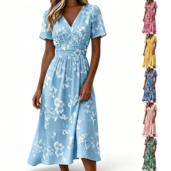 Bxsruta Women's Floral Print V Neck Short Sleeve Midi Dress Casual A Line Flowy Long Dress for Work Party Pull on Comfortable Elastic Waist Lightweight Everyday