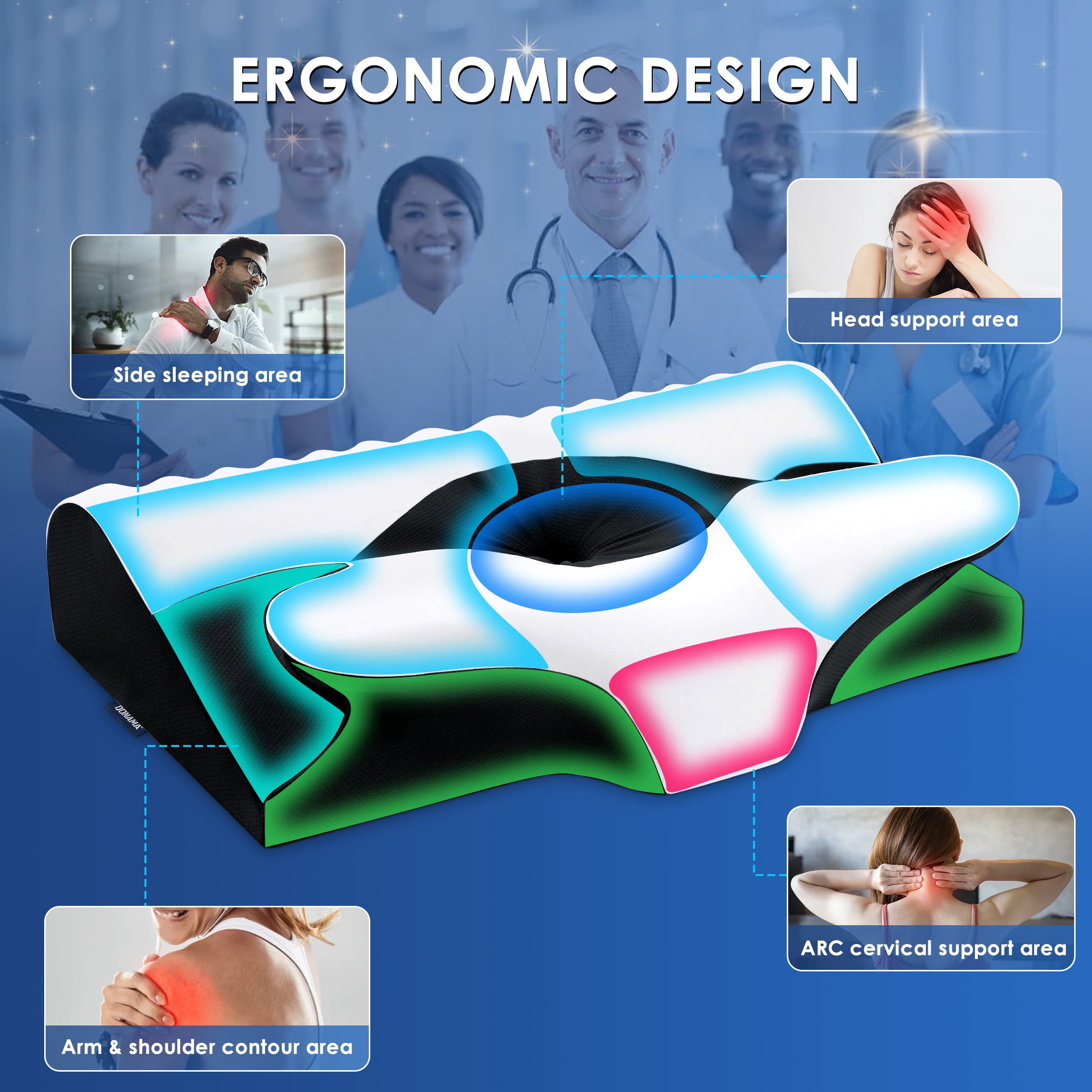 Ergonomic Cervical Memory Foam Pillow for Neck Pain Relief, Orthopedic Contour Pillow with Breathable Cover, for Side, Back, and Stomach Sleepers, Queen Size 23.6"x14.2"x4.7", Black
