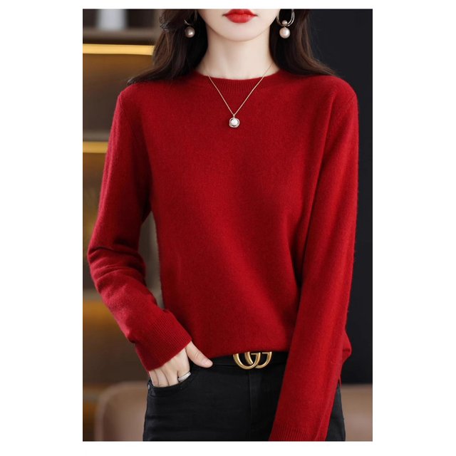 Suéter de lana pura de otoño, camisa de punto para mujer, cuello redondo, suelto, color sólido, estilo occidental, suéter de punto que combina con todo