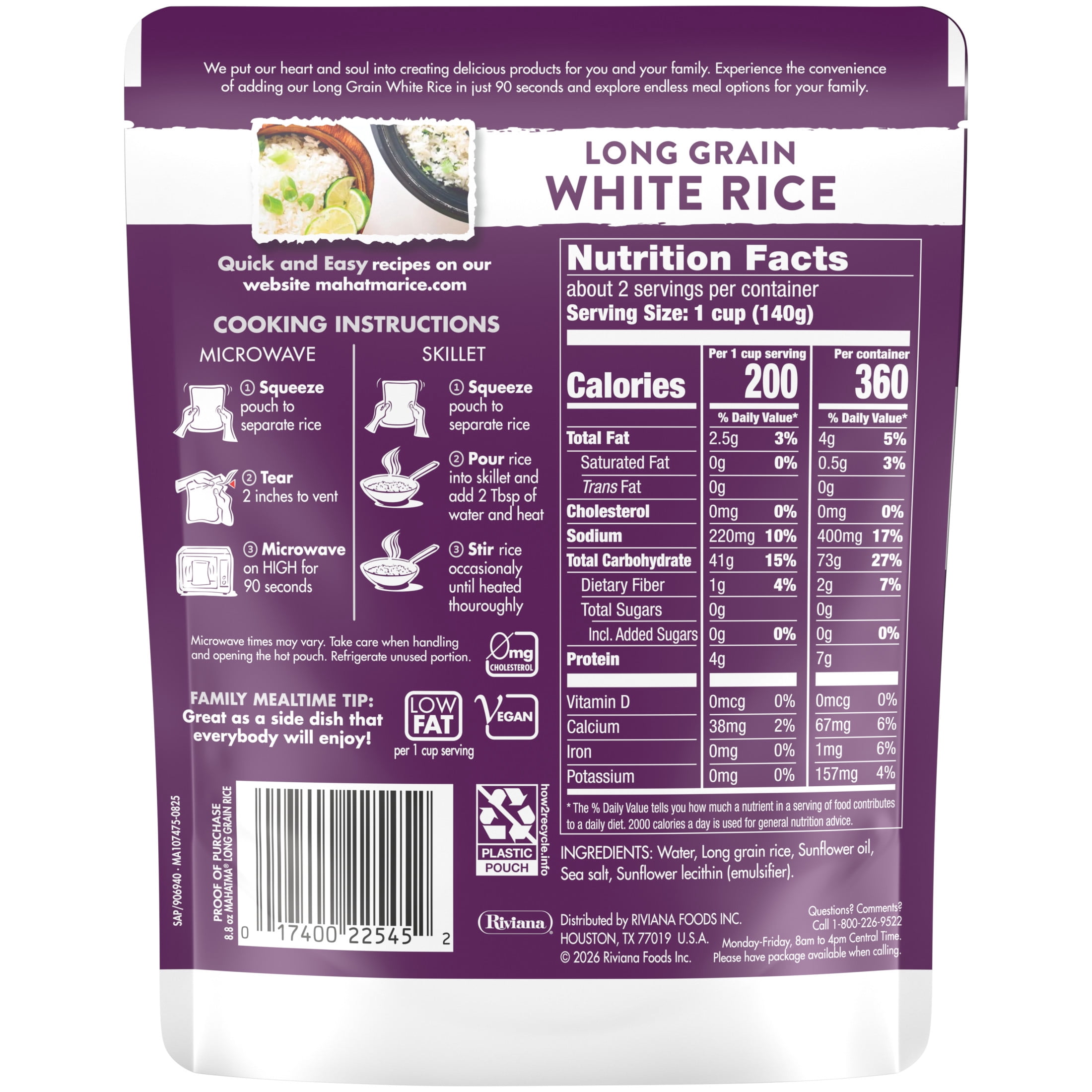 Mahatma Ready to Serve Long Grain White Rice, Moist & Fluffy Precooked Rice, 8.8 oz Pouch