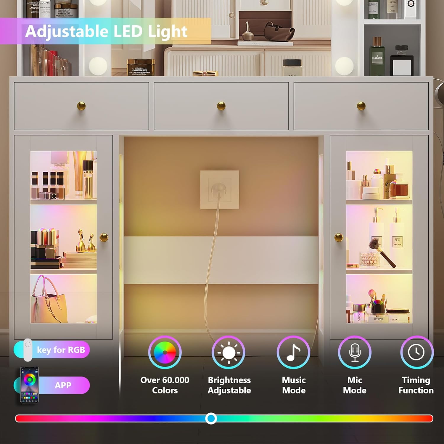 Vanity Desk with Mirror and Lights, Glass Top Vanity with Lighted Mirror & RGB Glass Cabinet and 3 Drawers, Makeup Vanity Desk with Lights Dressing Table for Bedroom, 3 Color Modes