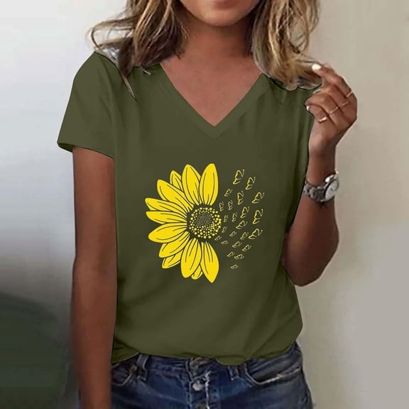 FASHOFT Women's Short Sleeve V Neck Sunflower Graphic Printed Summer Tees Vintage T Shirt Cotton Tops Novelty Shirt Army Green L