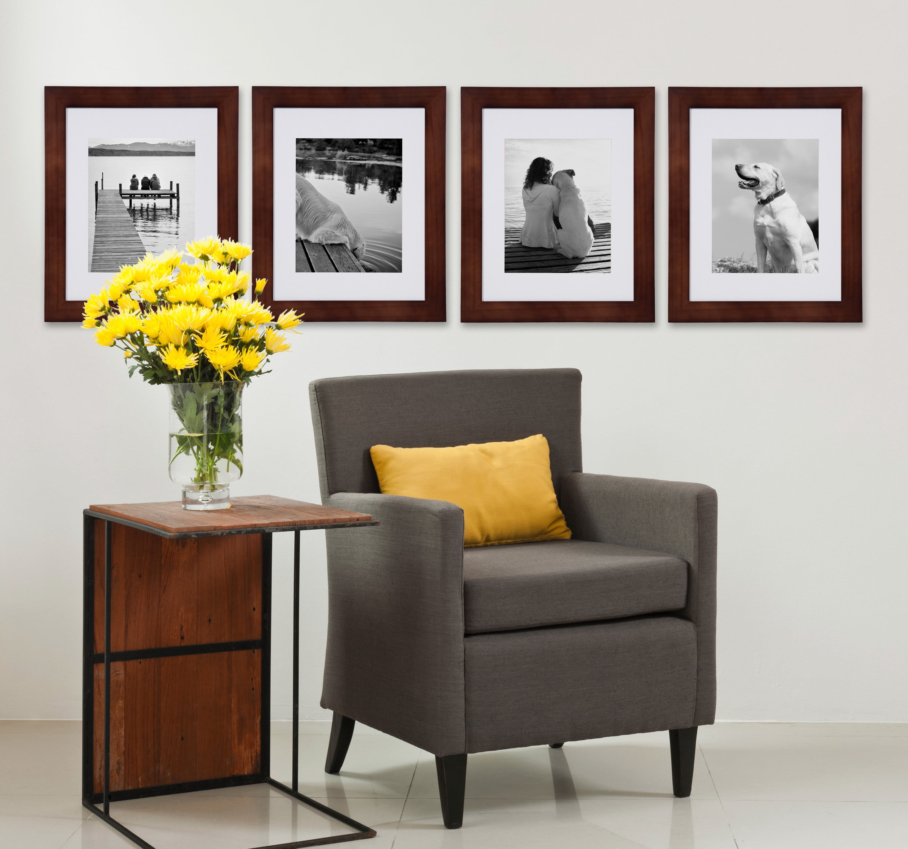 DesignOvation Museum Wooden Traditional Picture Frame Set with Mats for Customizable Wall Display, 11x14 matted to 8x10, Walnut Brown, 4 Pack