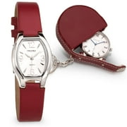 Ladies Red Leather Strap Watch & Clock Set, Silver Dial